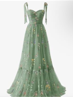 Green Floral Tulle Maxi Dress with Tie Straps